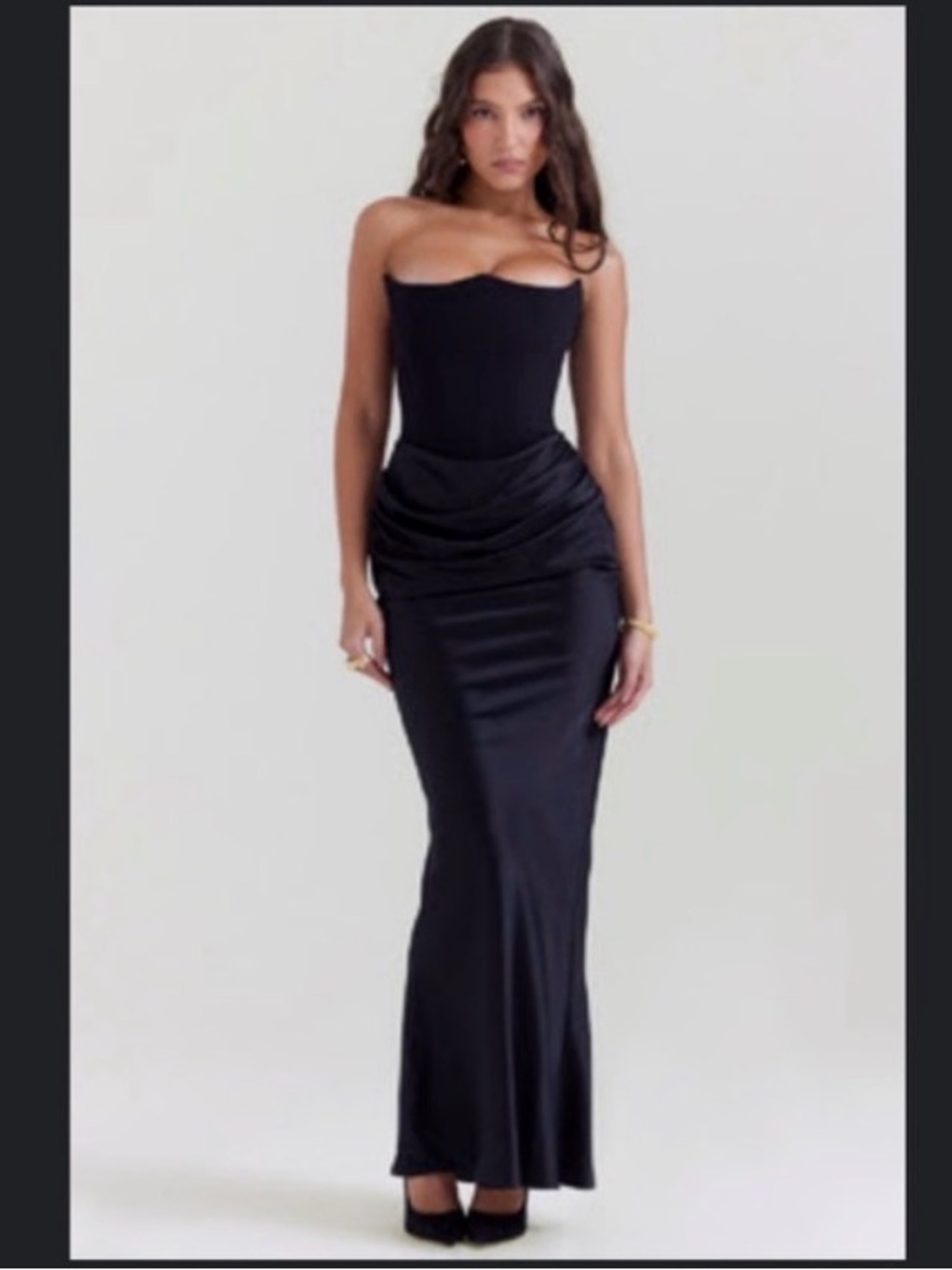House of CB Black Strapless Draped Waist Maxi Gown